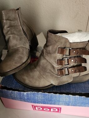 pop Taupe Perforated Buckle Strap Ankle Boots